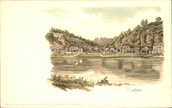 Rathen Saechsische Schweiz Uferpartie an der Elbe Kuenstlerkarte