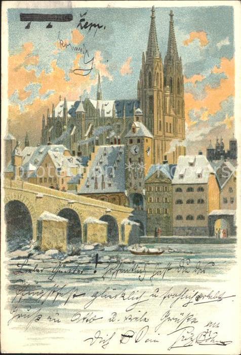 REGENSBURG Bayern Donaubruecke Dom Kuenstlerkarte