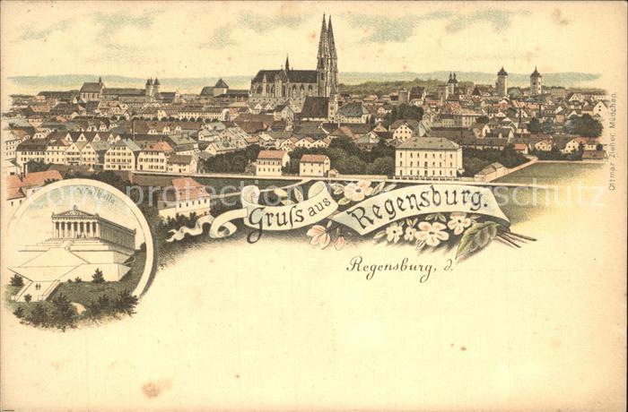 REGENSBURG Bayern Stadtbild mit Dom Walhalla Ruhmeshalle Litho