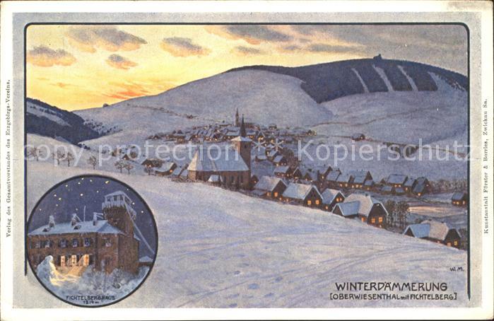 Oberwiesenthal Erzgebirge Winterdaemmerung Fichtelberghaus Kuenstlerkarte