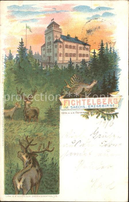 Oberwiesenthal Erzgebirge Fichtelberghaus Hirsche Litho Reichspost