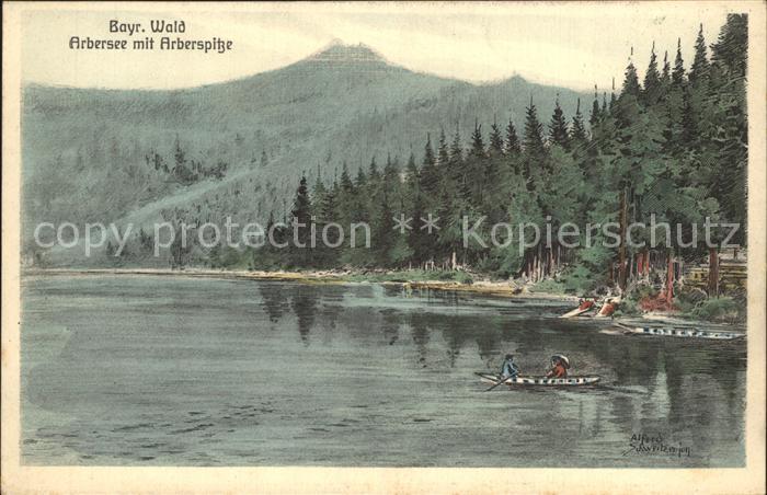 Bayerisch Eisenstein Arbersee mit Arberspitze Kuenstlerkarte