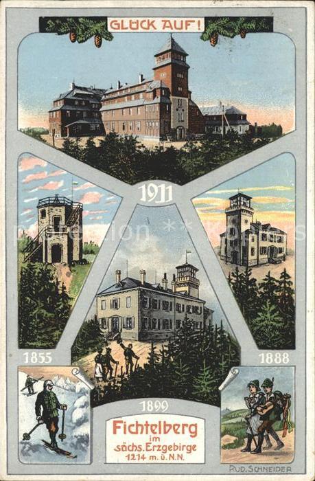 Oberwiesenthal Erzgebirge Fichtelberghaus Skifahrer Wanderer Glueck auf