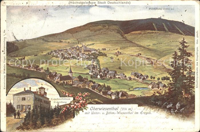 Oberwiesenthal Erzgebirge Panorama mit Fichtelberg Unterkunftshaus Kuenstlerkart