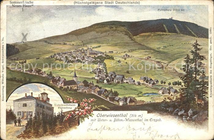 Oberwiesenthal Erzgebirge Panorama mit Fichtelberg Unterkunftshaus Kuenstlerkart