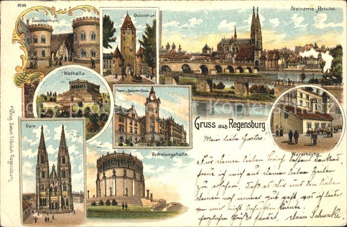 REGENSBURG Bayern Tor Steinerne Bruecke Dom Befreiungshalle Walhalla Litho