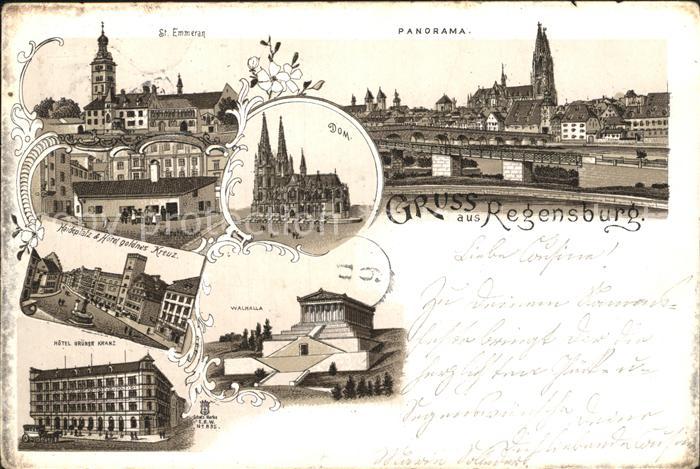 REGENSBURG Bayern St Emmeram Kloster Dom Haidplatz Walhalla Hotel Litho