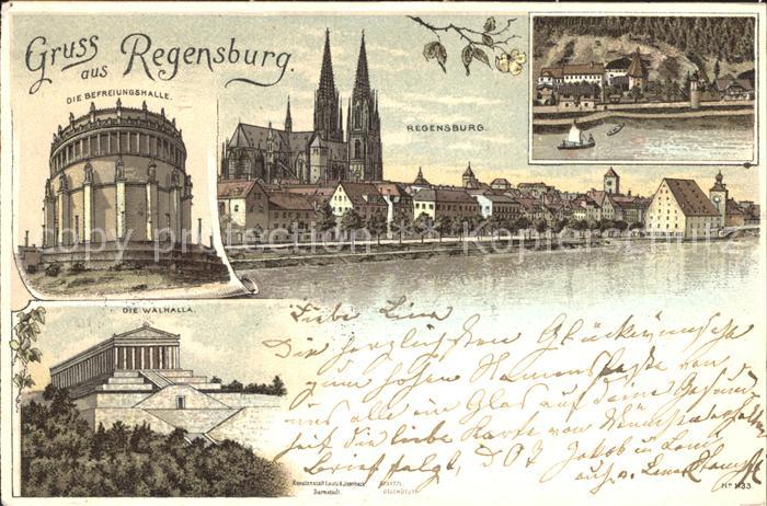 REGENSBURG Bayern Ansicht mit Dom Befreiungshalle Walhalla Ruhmeshalle Litho