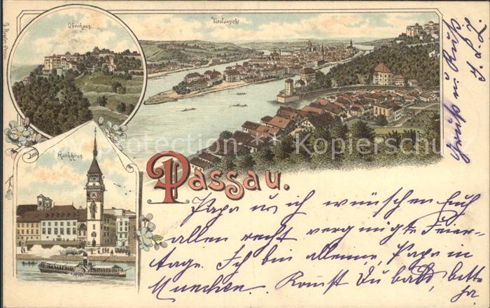 PAssAU Bayern Panorama Dreifluessestadt Oberhaus Rathaus Litho