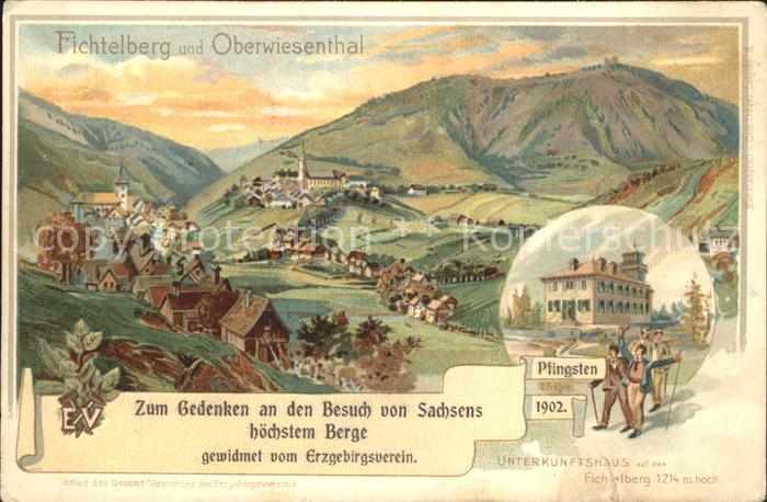 Oberwiesenthal Erzgebirge Panorama mit Fichtelberg Unterkunftshaus Gedenkkarte K