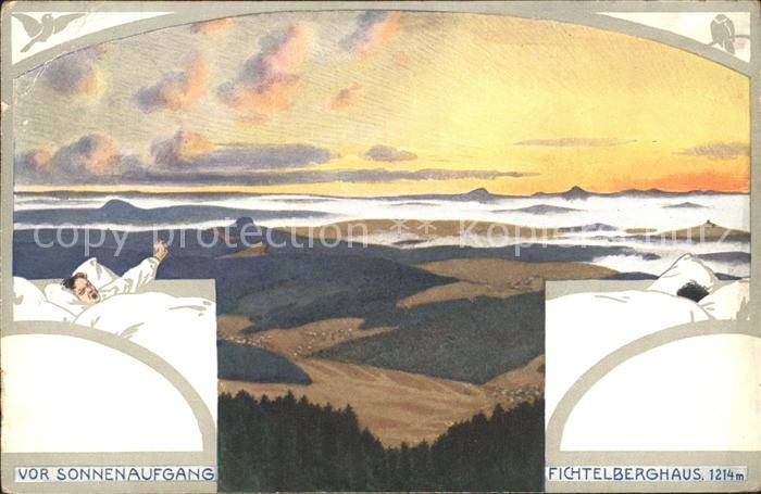 Oberwiesenthal Erzgebirge Fichtelberghaus vor Sonnenaufgang Kuenstlerkarte