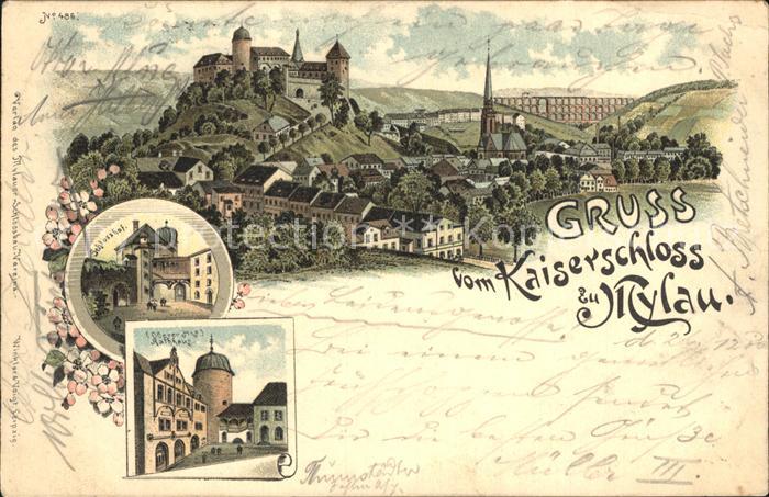 Mylau Kaiserschloss Schlosshof Rathaus Goeltzschtalbruecke Litho