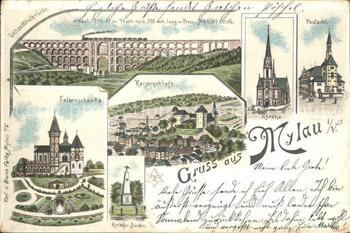 Mylau Goeltzschtalbruecke Felsenschaenke Kaiserschloss Kirche Postamt Litho