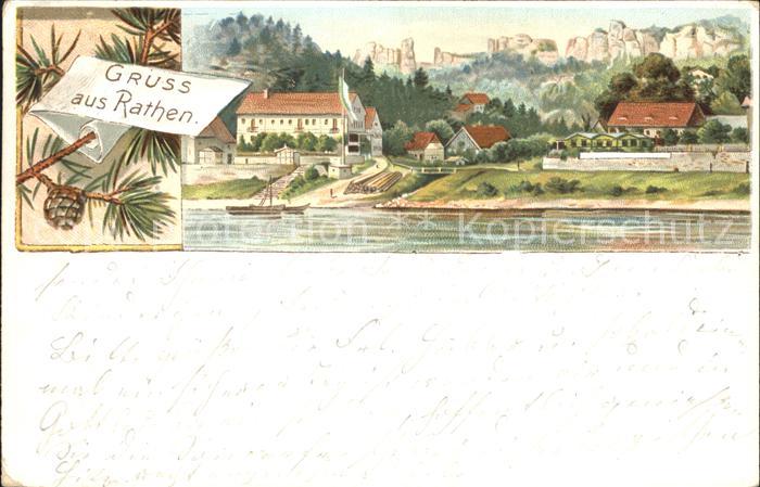 Rathen Saechsische Schweiz Partie an der Elbe Elbsandsteingebirge Kuenstlerkarte
