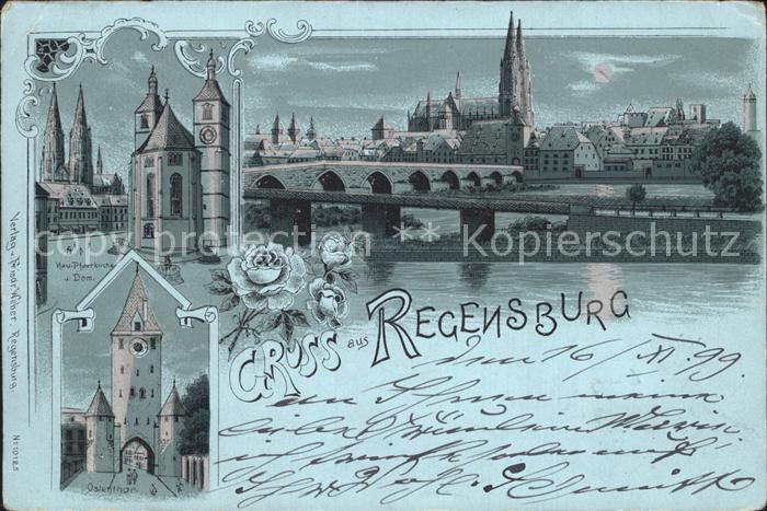 REGENSBURG Bayern Pfarrkirche Dom Ostentor Steinerne Bruecke im Mondschein