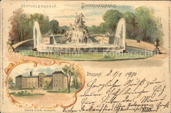 DRESDEN Elbe Stadtkrankenhaus Neptunsbrunnen
