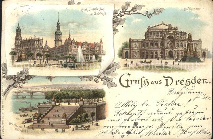 DRESDEN Elbe Hoftheater Katholische Kirche und Schloss Bruehlsche Terrasse