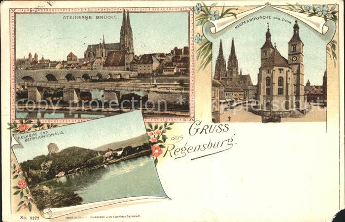 REGENSBURG Bayern Steinerne Bruecke Befreiungshalle Neupfarrkirche und Dom
