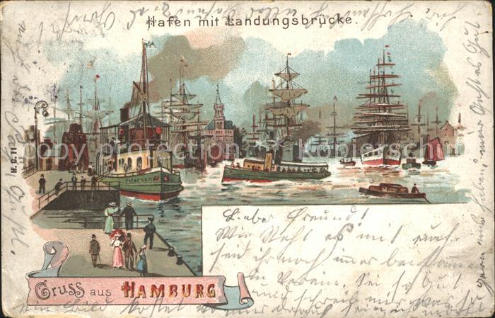 Segelschiffe Hafen Hamburg Litho