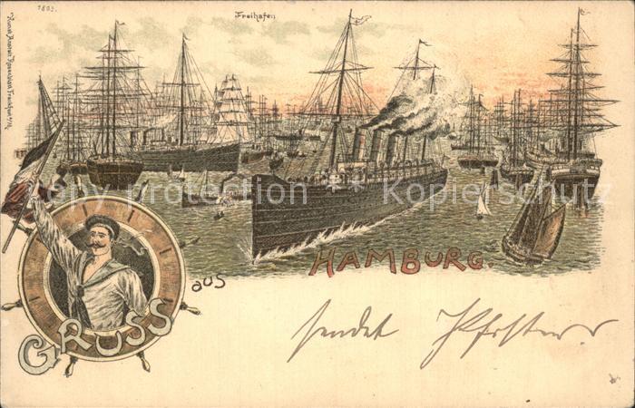 Segelschiffe Hamburg Freihafen Matrose Litho