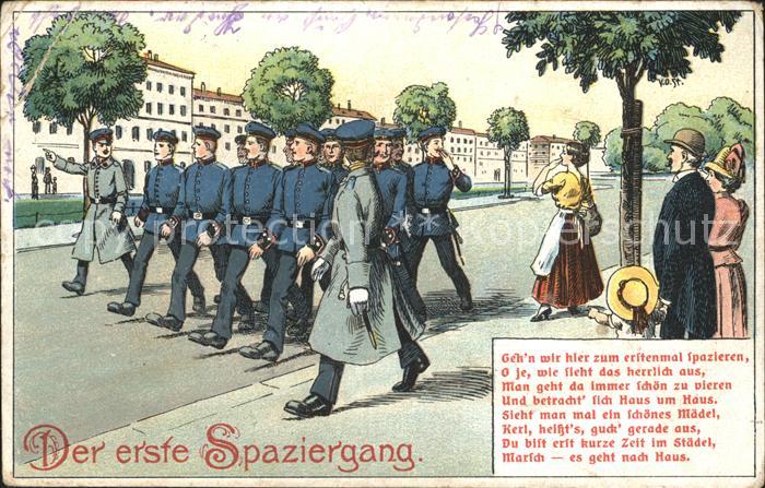 Militaria Poesie Der erste Spaziergang Litho