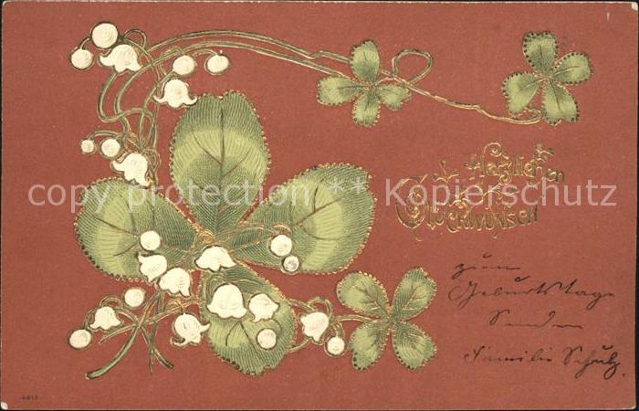 Kleeblatt Cloverleaf Trebol Trefle Maigloeckchen Glueckwunsch Litho