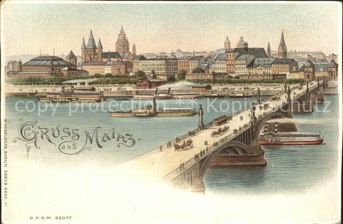 Verlag Hagelberg W. Nr. 36908 Mainz Seitenraddampfer Litho