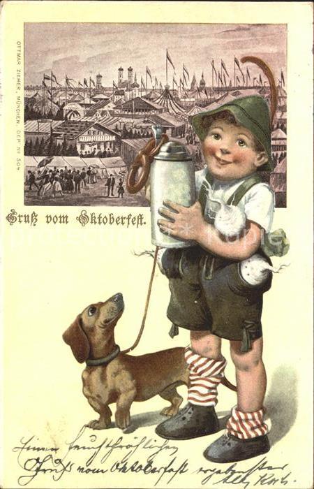 Dackel Dachshund Teckel Hunde dogs Chiens Cani Oktoberfest Kind Bierkrug Brezel