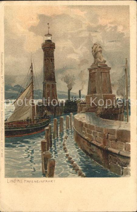 Diemer Zeno Litho Lindau Hafeneinfahrt Stempel S.B. Ers.Batl.20.Inft.-Rgt.