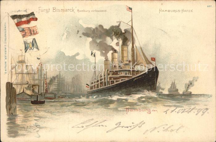 Dampfer Oceanliner Fürst Bismarck Hamburg Hafen Litho