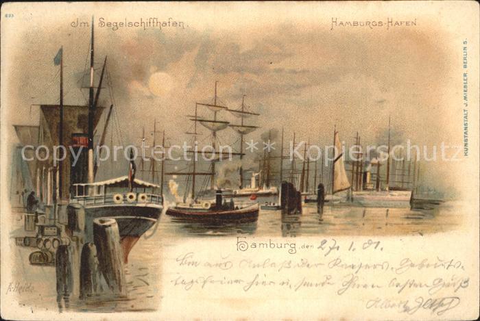 Segelschiffe Hamburg Hafen Litho