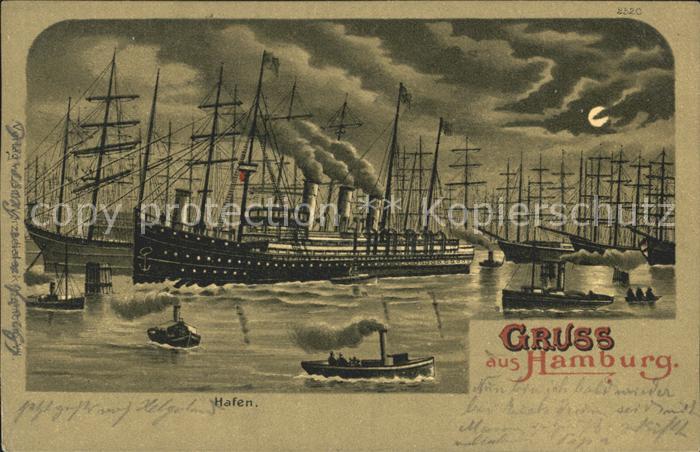 Dampfer Oceanliner Segelschiffe Hamburg Hafen Litho