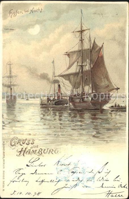 Segelschiffe Hamburg Hafen Litho W.-Hagelberg-Verlag