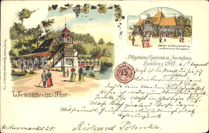Gartenbauaustellung 1897 Hamburg Weinhuette im Tal Pavillon Samenhandlung Litho