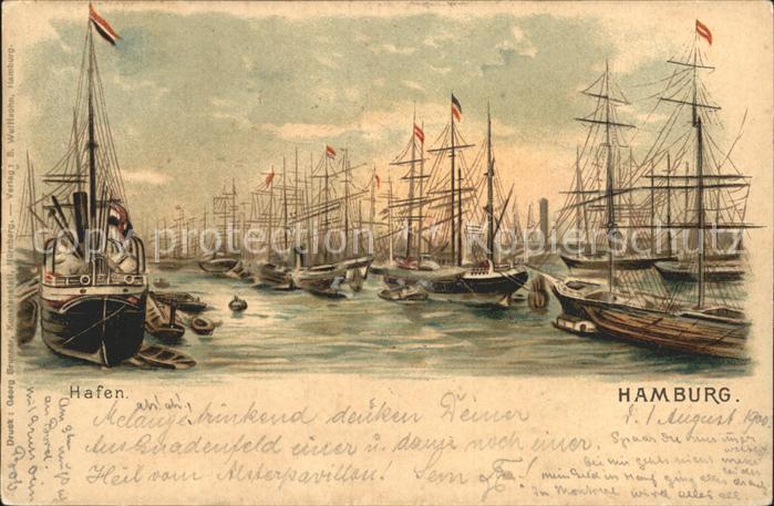 Segelschiffe Hamburg Hafen Litho