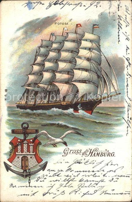 Segelschiffe Potosu Anker Möwe Hamburg Litho