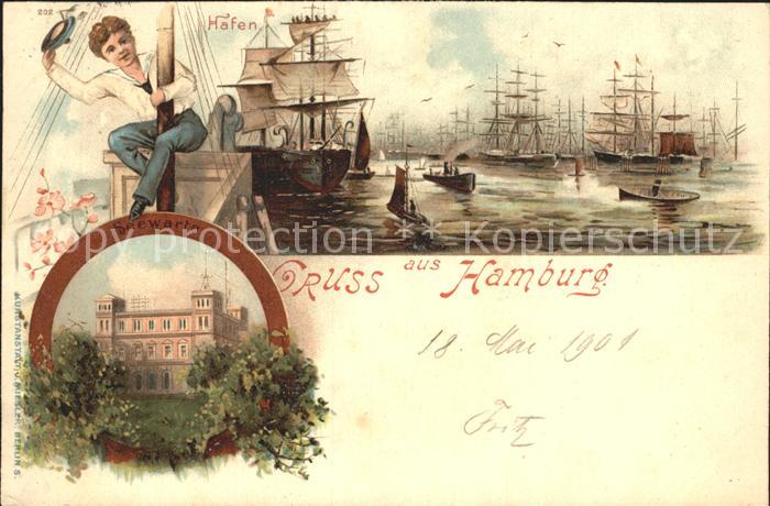 Segelschiffe Hamburg Hafen Seewarte Litho