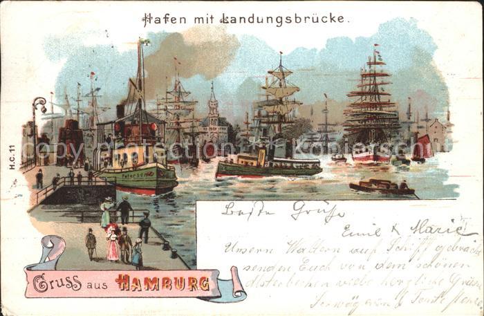 Segelschiffe Hamburg Landungsbrücken Litho