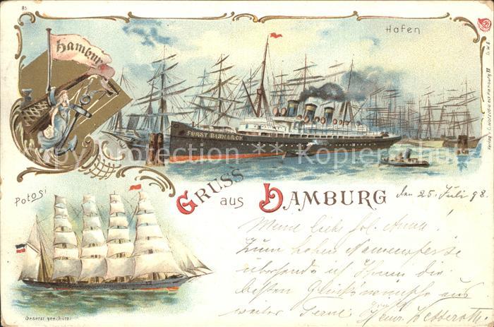 Segelschiffe Hamburg Hafen Litho