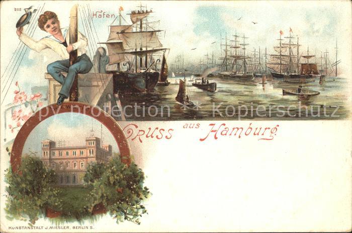 Segelschiffe Hamburg Seewarte Hafen Litho