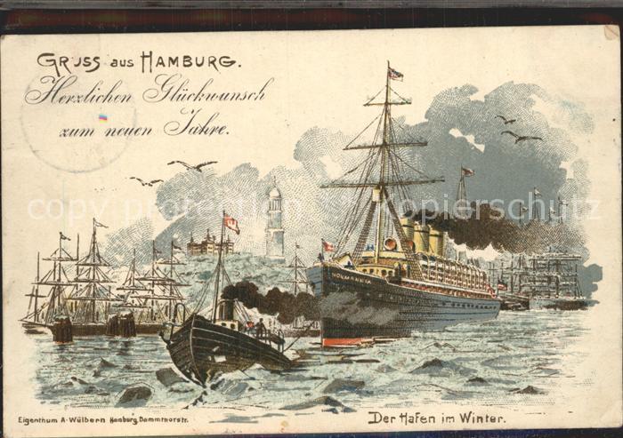 Segelschiffe Hamburg Hafen im Winter Litho Neujahr