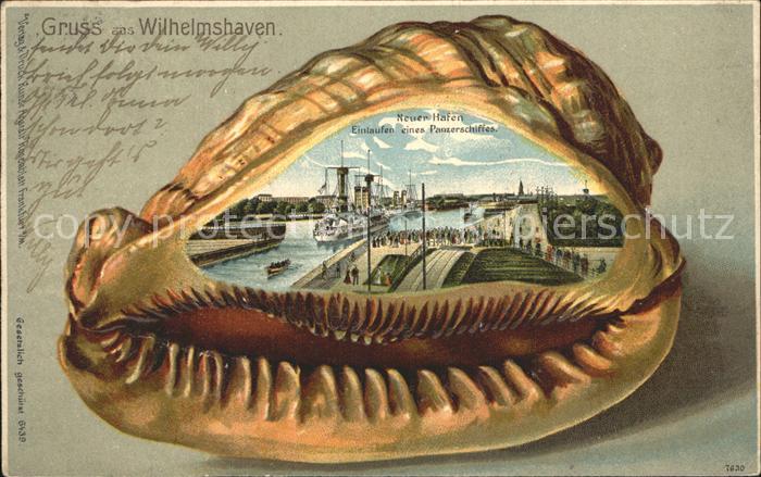 Muschelkarte Wilhelmshaven Neuer Hafen Panzerschiff Litho