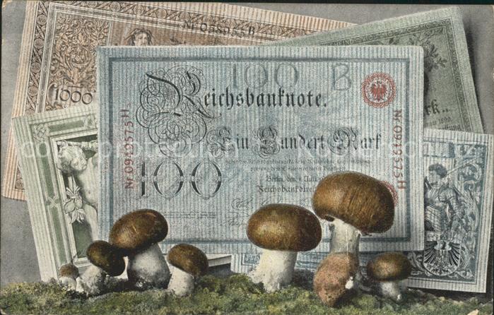Geldschein auf Postkarte Reichsbanknote Pilze