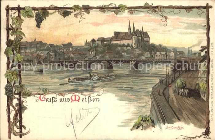 Meissen Elbe Sachsen Elbe Bruecke Burgberg Albrechtsburg Kuenstlerkarte