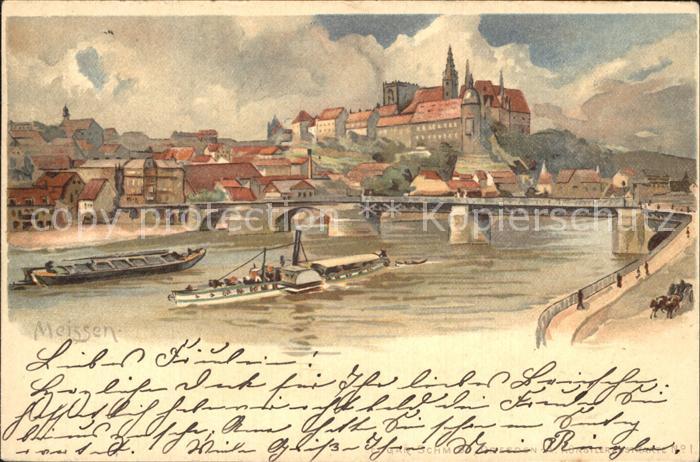 Meissen Elbe Sachsen Dampfer Bruecke Burgberg Albrechtsburg Kuenstlerkarte