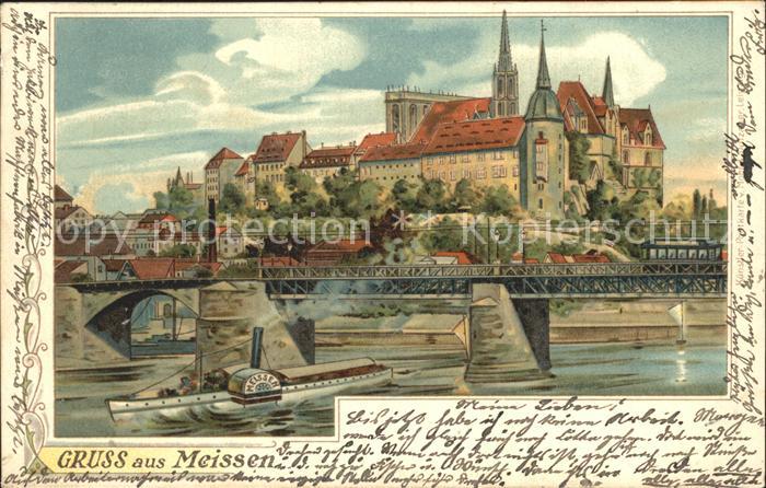 Meissen Elbe Sachsen Elbe Dampfer Bruecke Burgberg Albrechtsburg Litho