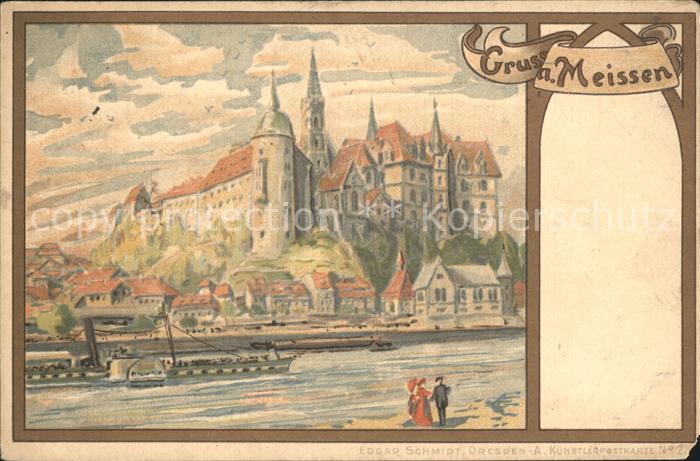 Meissen Elbe Sachsen Elbe Dampfer Burgberg Albrechtsburg Kuenstlerkarte