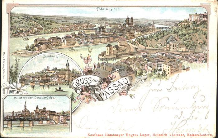 PAssAU Bayern Totalansicht Dreifluessestadt Donaubruecke Litho