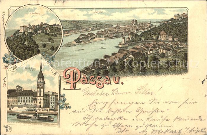 PAssAU Bayern Totalansicht Dreifluessestadt Oberhaus Rathaus Litho