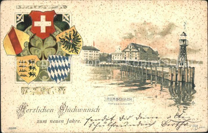 Rorschach Bodensee Hafeneinfahrt Leuchtturm Wappen Kleeblatt Neujahrskarte Kuens